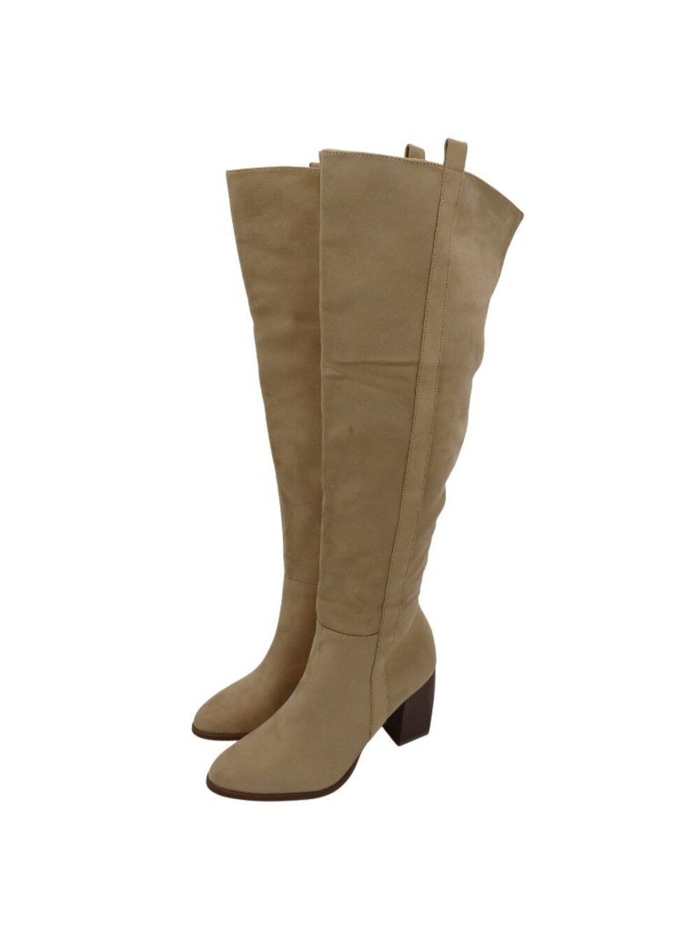 Women 10 Solid Beige Faux Leather Block Heel Knee High Boots Country Western NEW